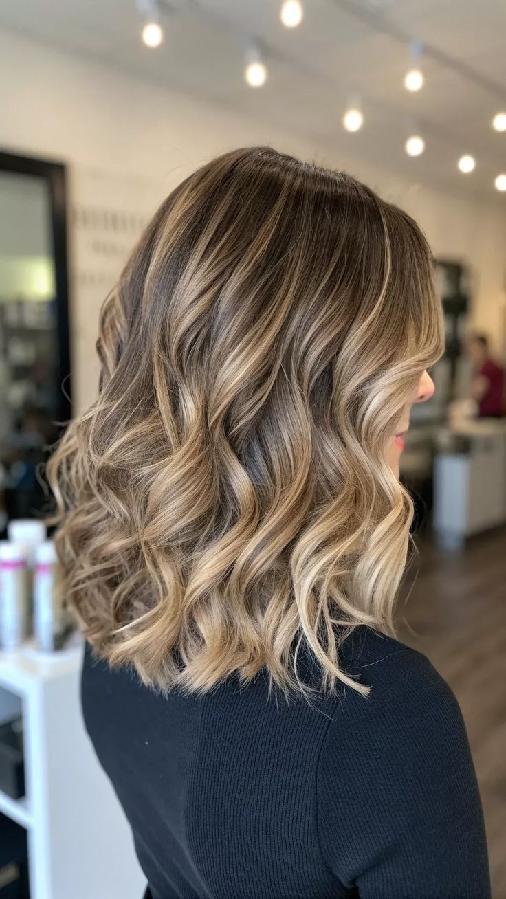 Long wavy blonde balayage hair color