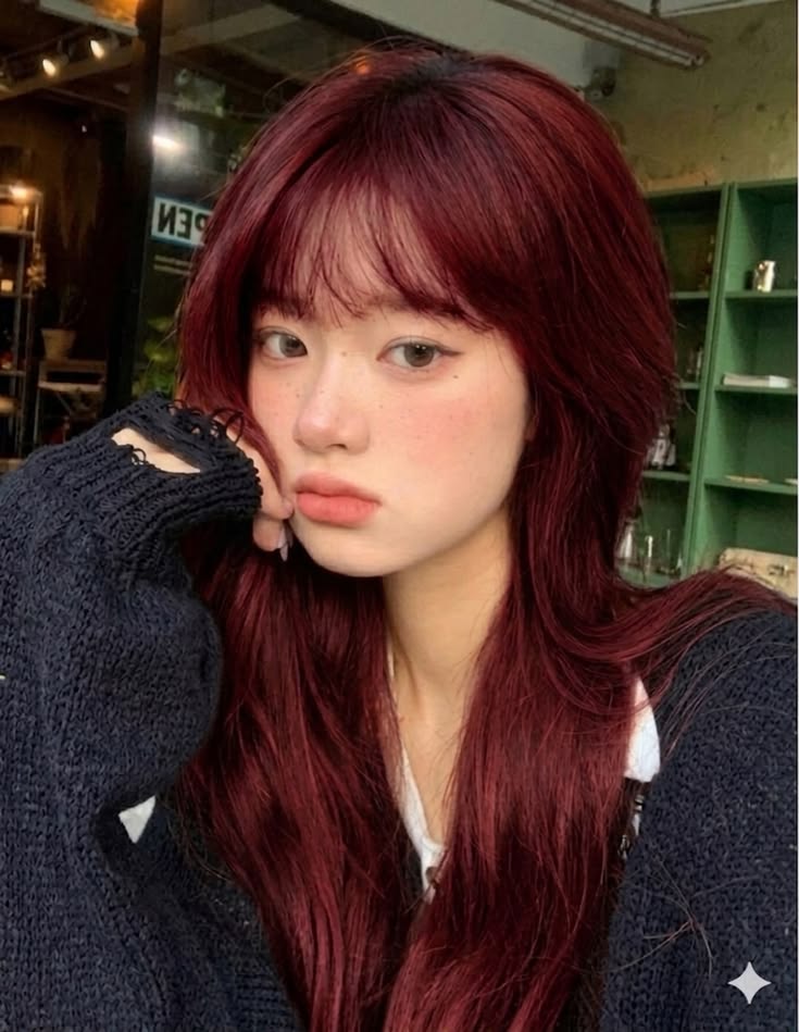 Long deep burgundy hair color