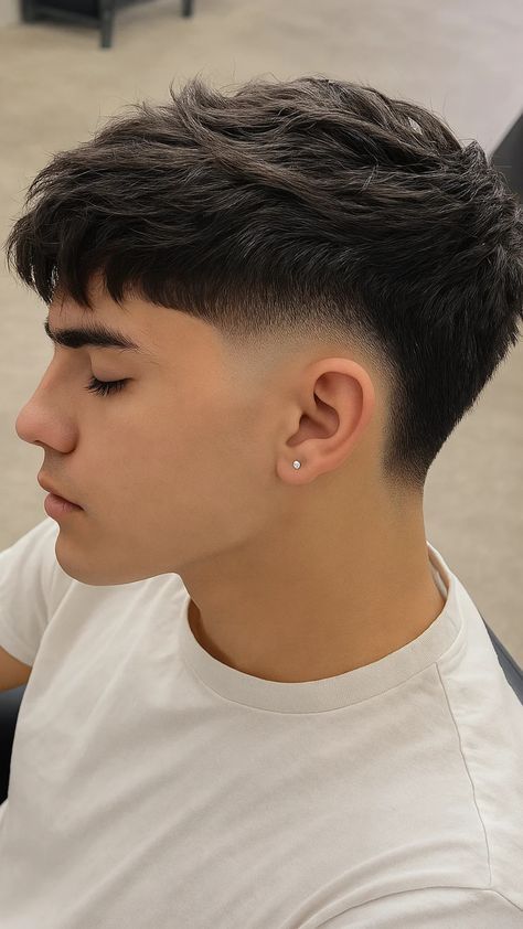 Side view of a textured mullet haircut