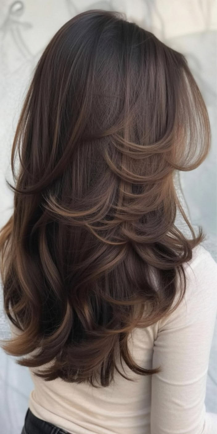 Front portrait of curtain bang layered women's hairstyle